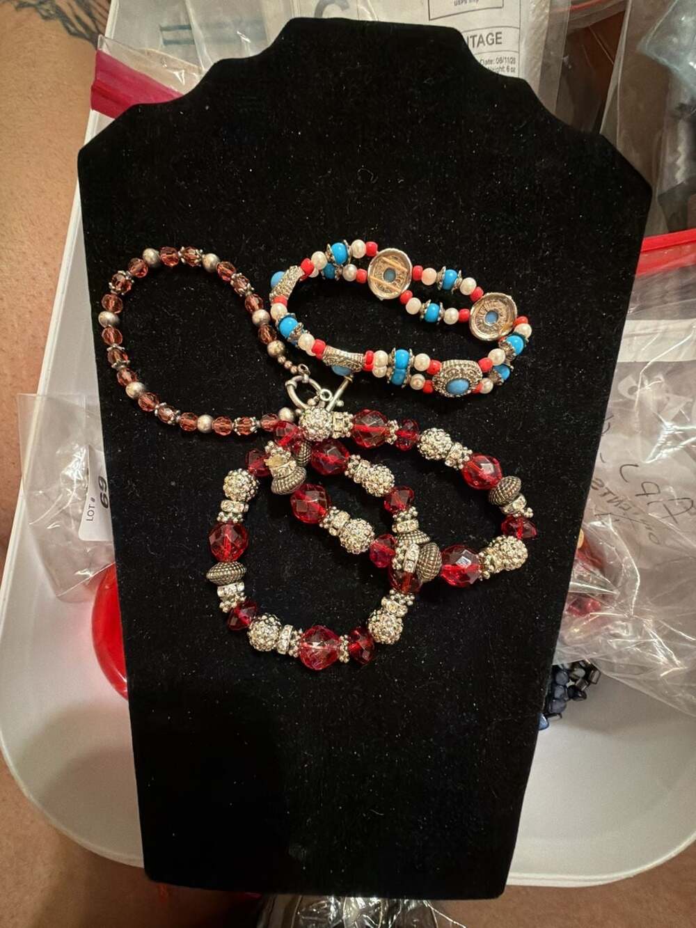 Vintage Beaded Jewelry Lot Red Glass and Silver Tone Toggle Bracelets